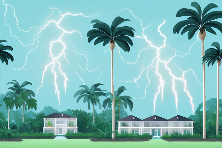 A residential home with a lightning bolt in the sky