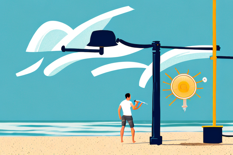 A beach scene with an electrician working on a light post in the background