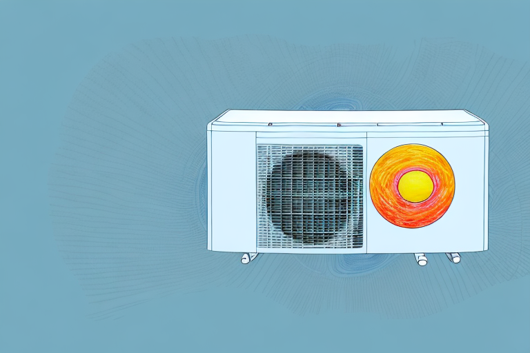A residential air conditioning unit with a sunrise in the background