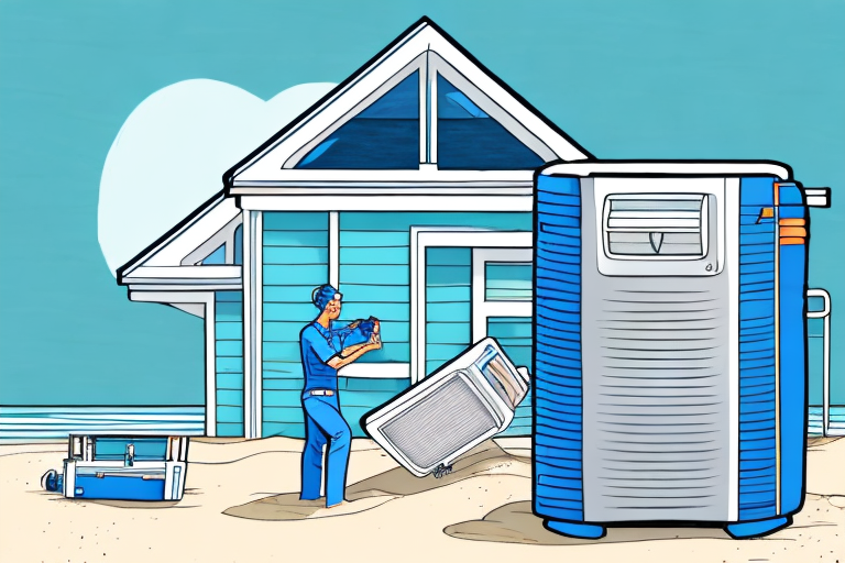 A beachfront home with a technician carrying a toolbox and inspecting the air conditioning unit