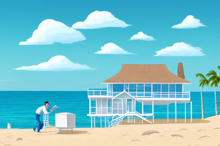 A beach scene with a house in the background