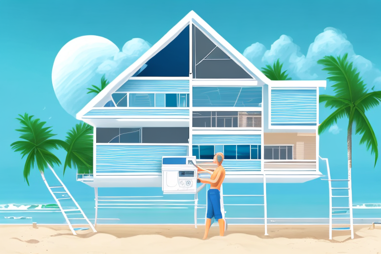 A beachfront home with a technician fixing an air conditioning unit outside