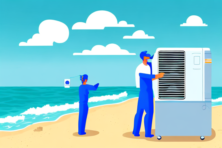 A beach scene with a technician repairing an air conditioner in the background