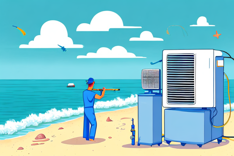 A beach scene with a technician fixing an air conditioner in the background
